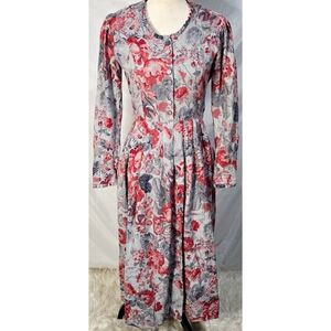 Laura Ashley Vintage Floral Maxi Dress Long Sleeve Cottagecore Gray Red 90s